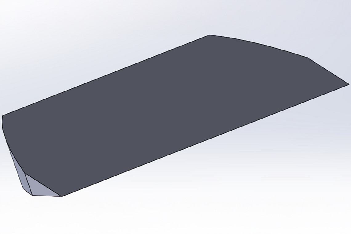 Abstraktes 3D-CAD-Modell eines keilförmigen Werkstücks in dunklem Grau.