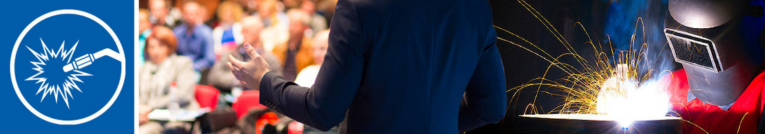 Kollage aus drei Bildern: links Logo Schweißtechnische Tagung, mitte Rückenansicht eines Vortragenden in dunklem Anzug vor einem voll besetzten Auditorium, rechts Schweißer mit Funkenflug