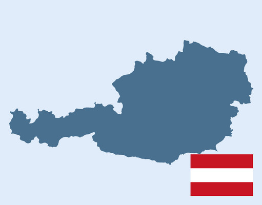 Länderumriss Österreich mit Nationalfahne unten rechts