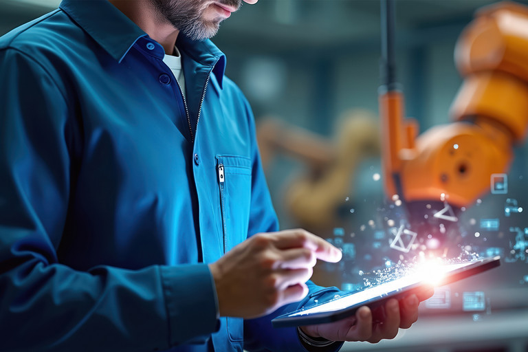 Ein Mann in blauer Arbeitskleidung bedient ein Tablet mit leuchtenden digitalen Symbolen, im Hintergrund arbeitet ein orangefarbener Industrieroboter in einer modernen Produktionshalle.