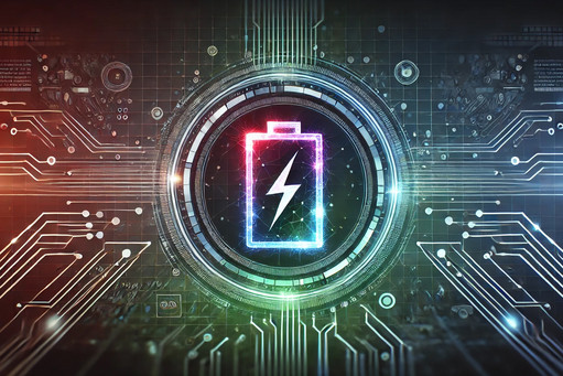 Ein futuristisches, digitales Symbolbild mit einem holografischen Batteriesymbol in der Mitte.