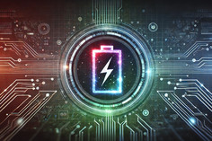 Ein futuristisches, digitales Symbolbild mit einem holografischen Batteriesymbol in der Mitte.