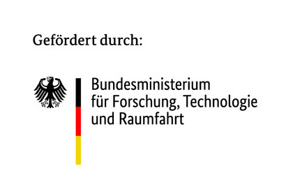 Förderhinweis mit Bundesadler und Schriftzug „Gefördert durch: Bundesministerium für Forschung, Technologie und Raumfahrt“ in Schwarz-Rot-Gold.