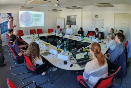 In einem modernen Konferenzraum sitzen zwölf Personen an einem U-förmig angeordneten Tisch und verfolgen eine Präsentation, bei der ein Mann vorne an der Leinwand ein Diagramm erläutert; auf den Tischen stehen Laptops, Getränke und Namensschilder.