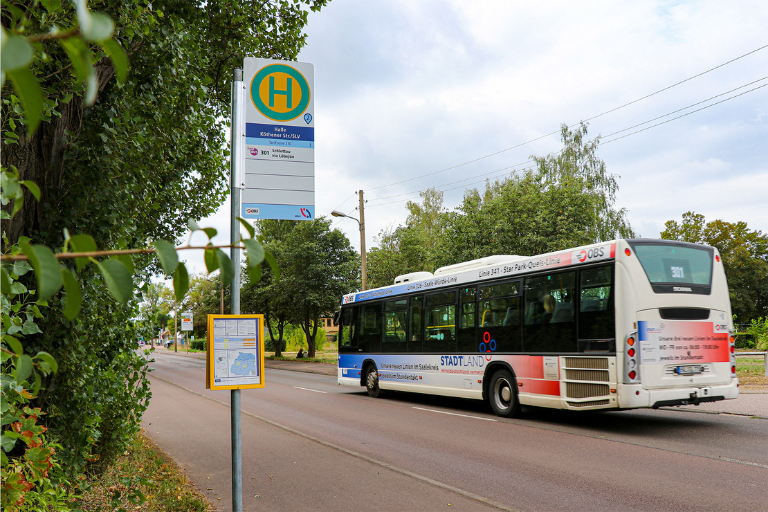 Ein Linienbus steht an einer Haltestelle am Straßenrand. Im Vordergrund ist ein Haltestellenschild zu sehen, im Hintergrund befinden sich Bäume und Gebäude.