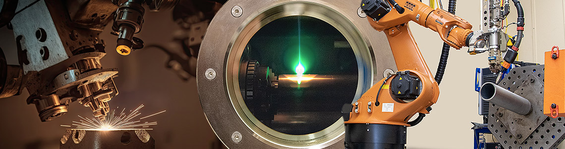 Bildcollage zeigt links einen Laserschneidkopf mit Funkenflug, in der Mitte eine Bullauge mit grünem Laserstrahl, rechts einen Industrieroboter beim Schweißen an einem eingespannten Rohr.