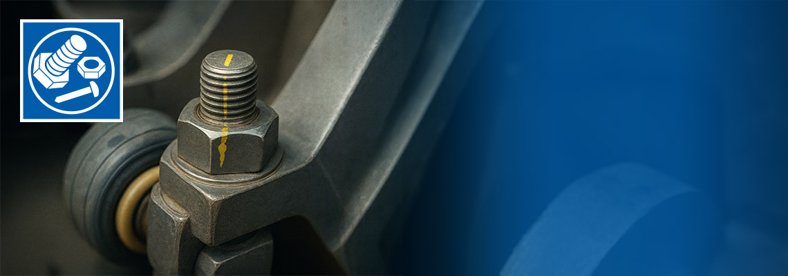 Detailaufnahme einer verschraubten mechanischen Verbindung mit Sechskantschraube und Mutter an einem metallischen Bauteil, gelbe Markierung zur Kontrolle der Vorspannung sichtbar, industrielle Umgebung unscharf im Hintergrund.
