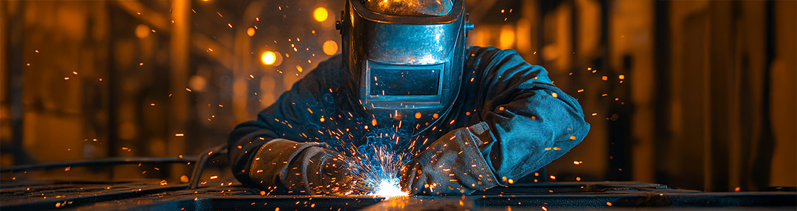 Person mit Schweißhelm arbeitet an einem Metallstück, Funken sprühen beim Schweißen in einer Werkhalle.