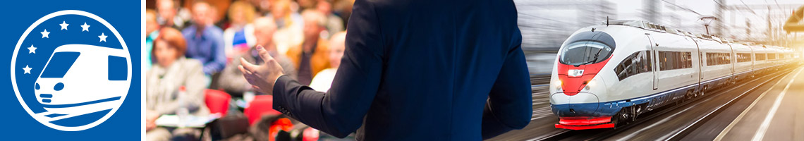 Kollage aus drei Bildern: links Logo JoinTrans, mitte Rückenansicht eines Vortragenden in dunklem Anzug vor einem voll besetzten Auditorium, rechts ein weißer Fernzug  mit roter Front fährt mit hoher Geschwindigkeit durch einen Bahnhof, umgeben von moderner Architektur und Lichtspuren. 