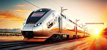 Moderner Hochgeschwindigkeitszug fährt bei Sonnenuntergang auf freier Strecke mit leuchtendem Himmel im Hintergrund.